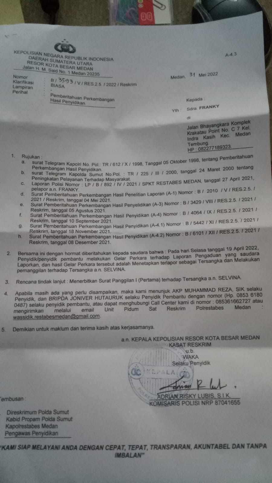 Akibat Pencemaran Nama Baik..Dengan Mengirimkan Fhoto Dan bahasa Kata tidak Sopan Akhirnya Dilaporkan Ke Polrestabes Medan Dan Jadi Tersangka