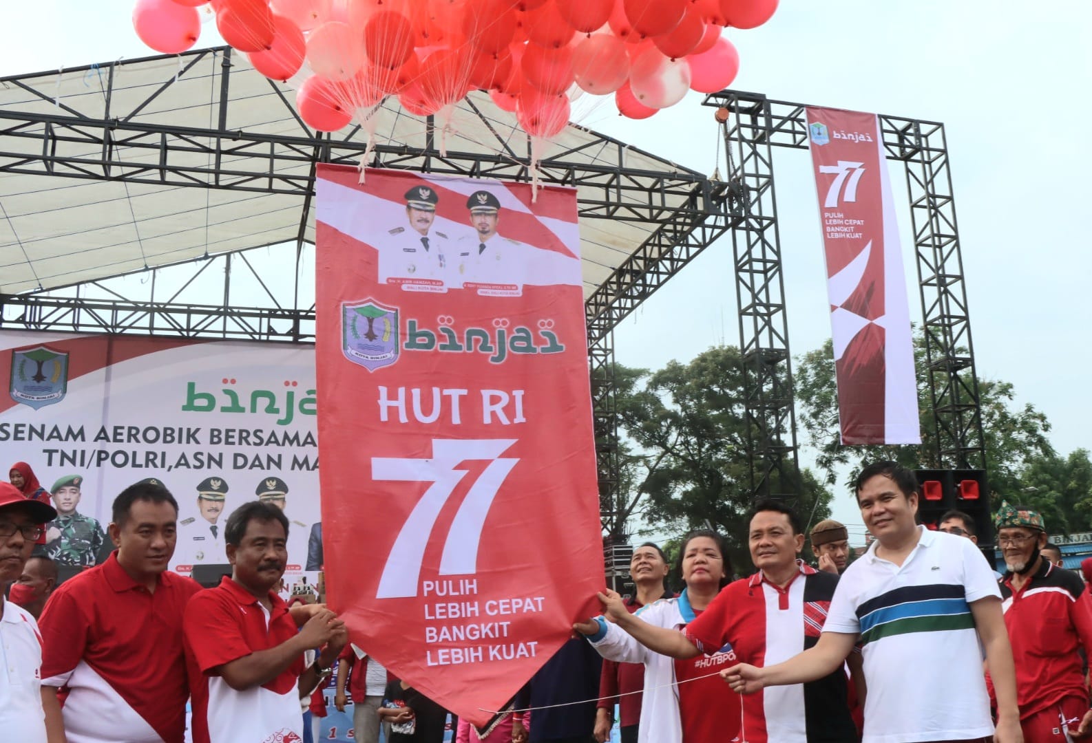 MERIAHKAN DAN SAMBUT HARI KEMERDEKAAN RI KE 77 KAPOLRES IKUTI SENAM BERSAMA FORKOPIMDA, TNI, POLRI, ASN BESERTA MASYARAKAT KOTA BINJAI