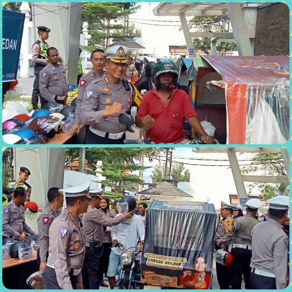 Ditlantas Polda Sumut Bagikan 200 Helm SNI ke Abang Betor