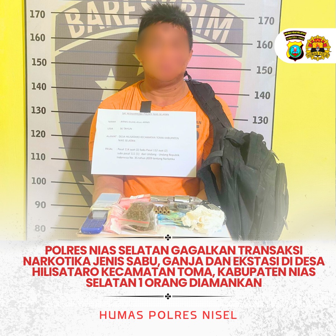 Polres Nias Selatan Tangkap Residivis Bersenjata, Sita Sabu, Ganja, dan Ratusan Butir Ekstasi