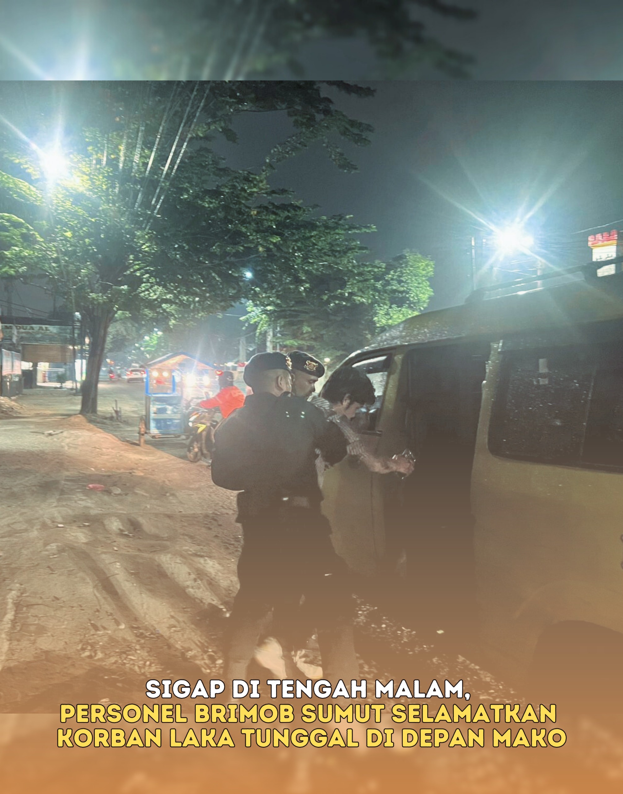 Sigap di Tengah Malam, Personel Brimob Sumut Selamatkan Korban Laka Tunggal di Depan Mako