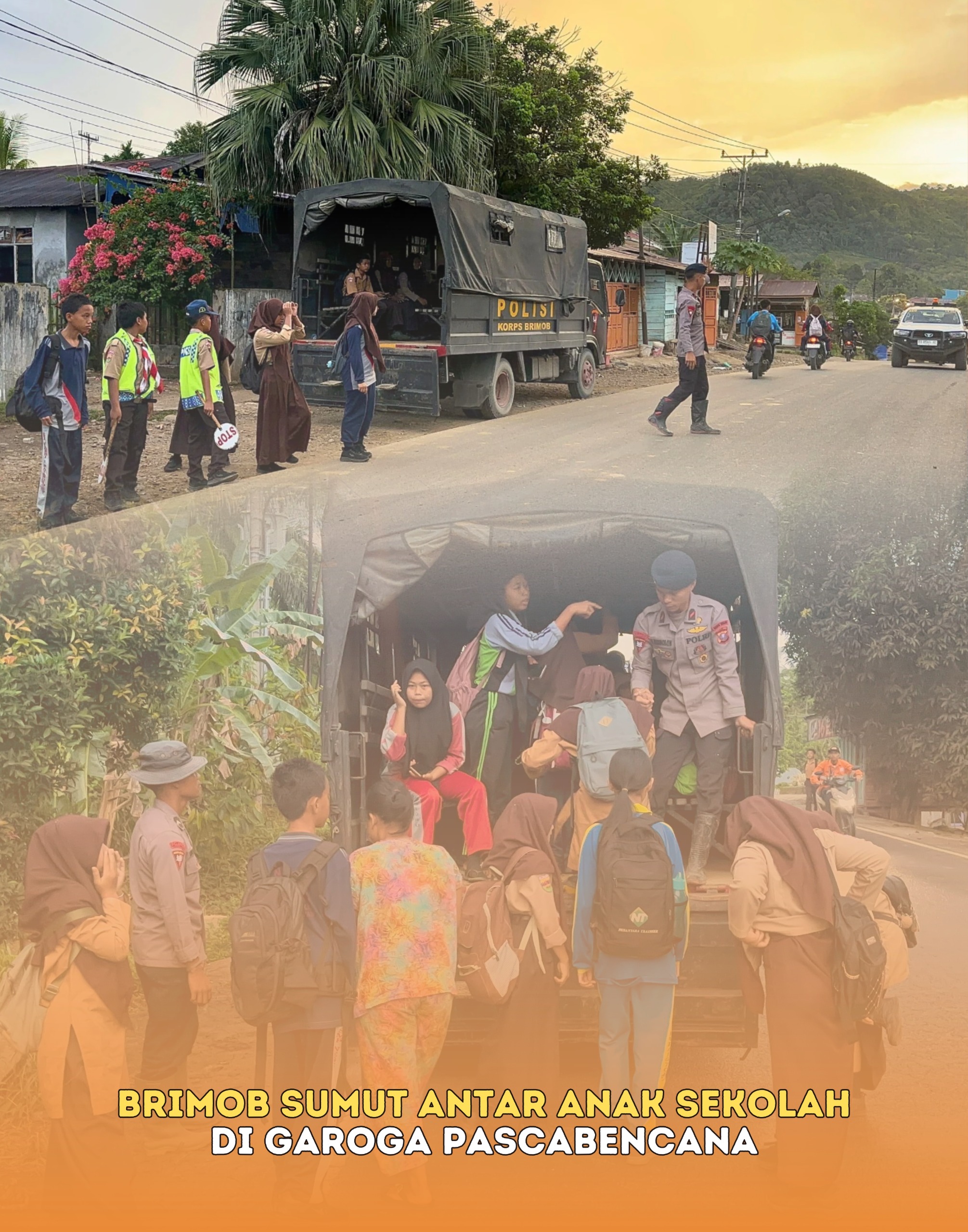 Brimob Sumut Antar Anak Sekolah di Garoga Pascabencana