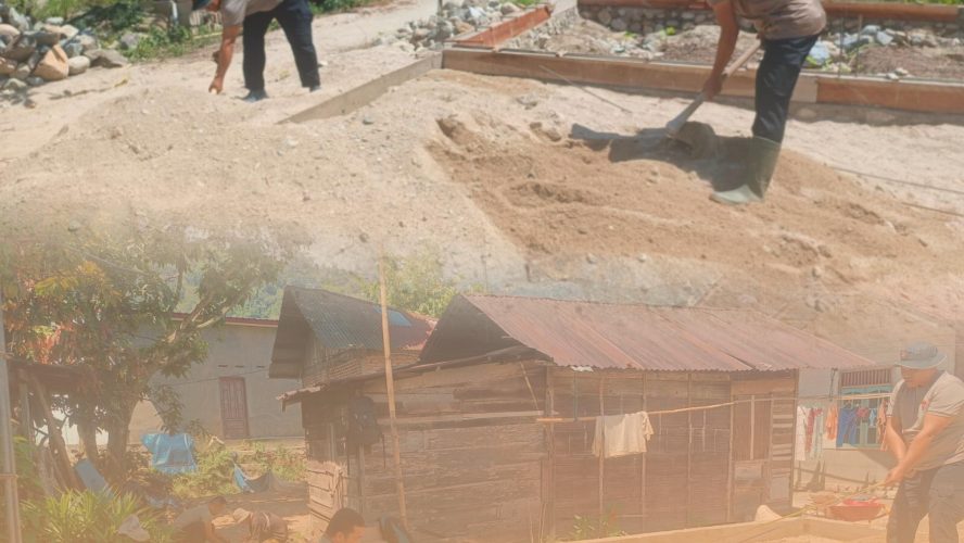 Gerimis Tak Surutkan Langkah Brimob Polda Sumut Bangun Hunian Warga Terdampak Banjir di Tapsel