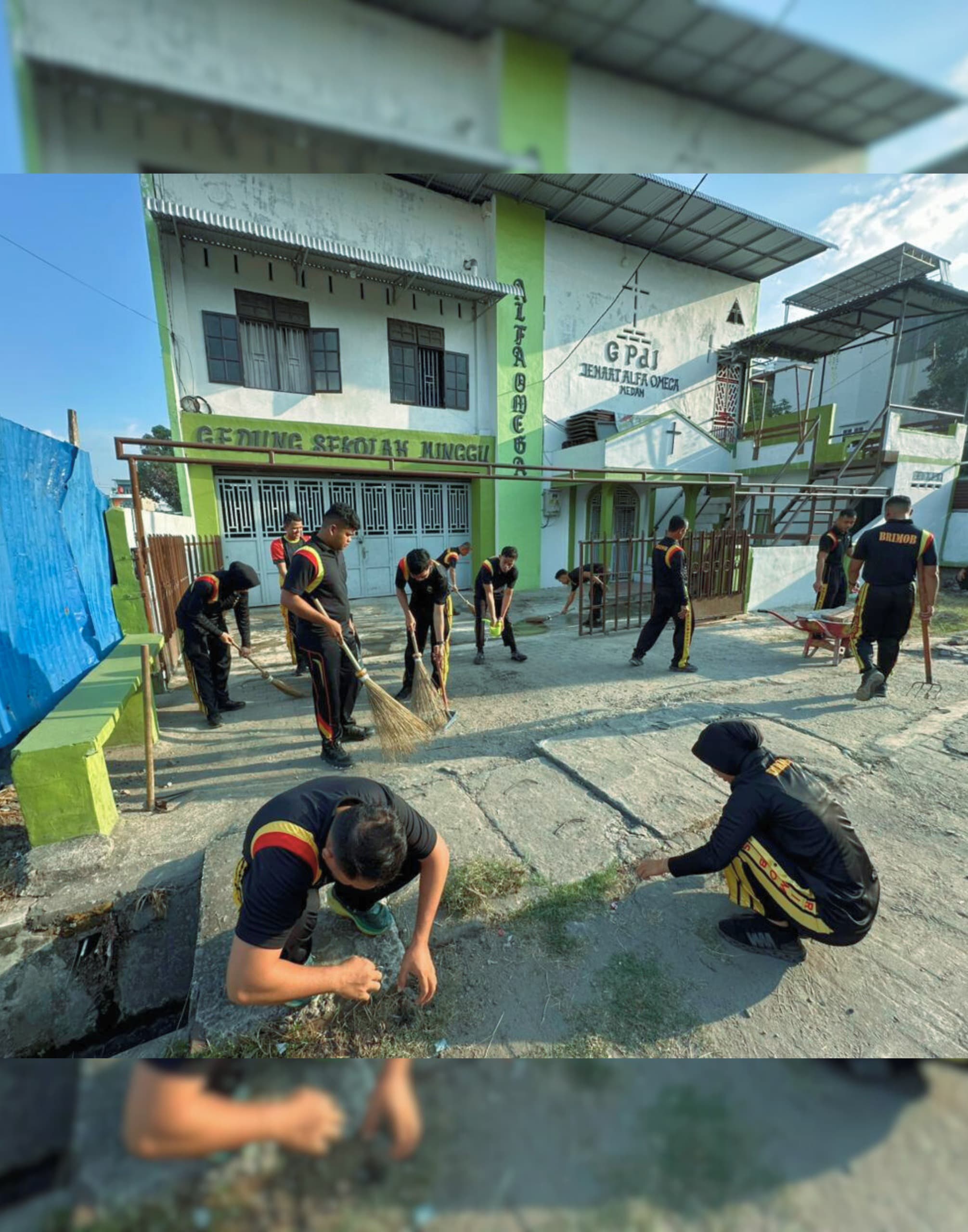 Detasemen Gegana Brimob Polda Sumut Kerja Bakti di Sekolah Minggu GPDI Alfa Omega Medan