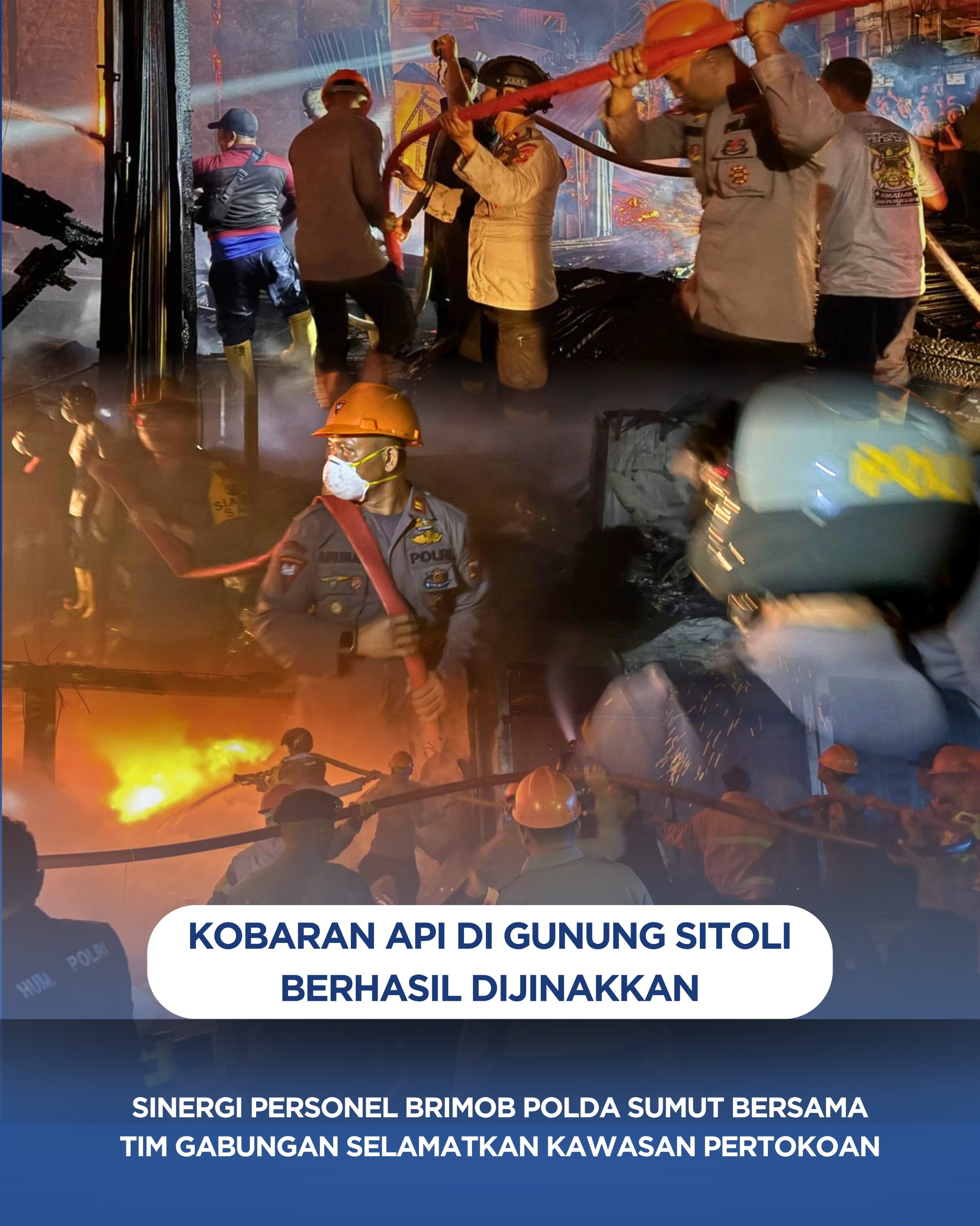 Kobaran Api di Gunung Sitoli Berhasil Dijinakkan! Sinergi Personel Brimob Polda Sumut Bersama Tim Gabungan Selamatkan Kawasan Pertokoan