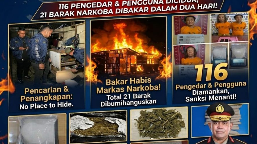 116 Pengedar Dan Pengguna Diciduk, Polda Sumut Bakar 21 Barak Narkoba Dalam Dua Hari
