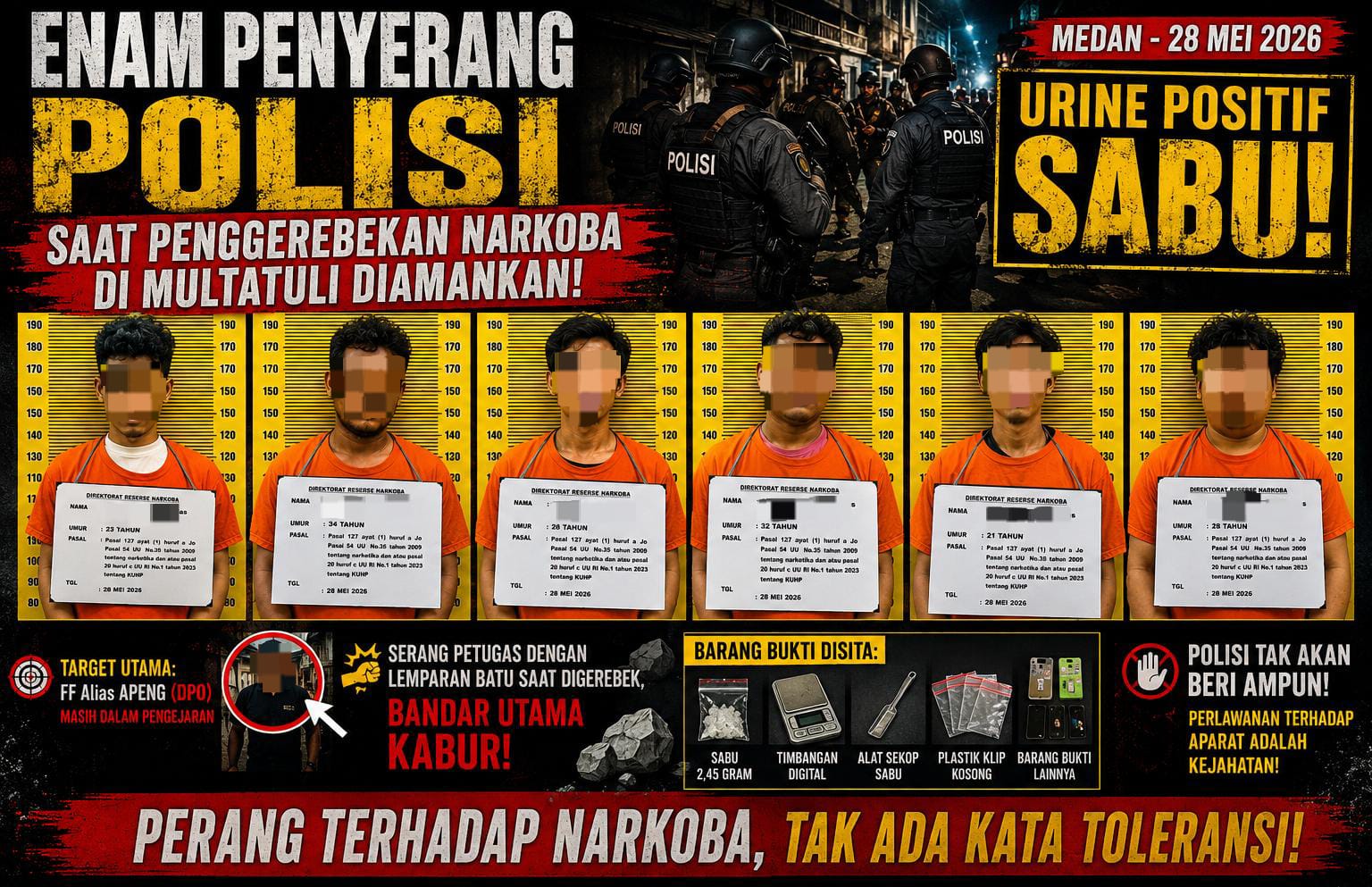 Enam Penyerang Polisi Saat Penggerebekan Narkoba Di Multatuli Diamankan, Urine Positif Sabu