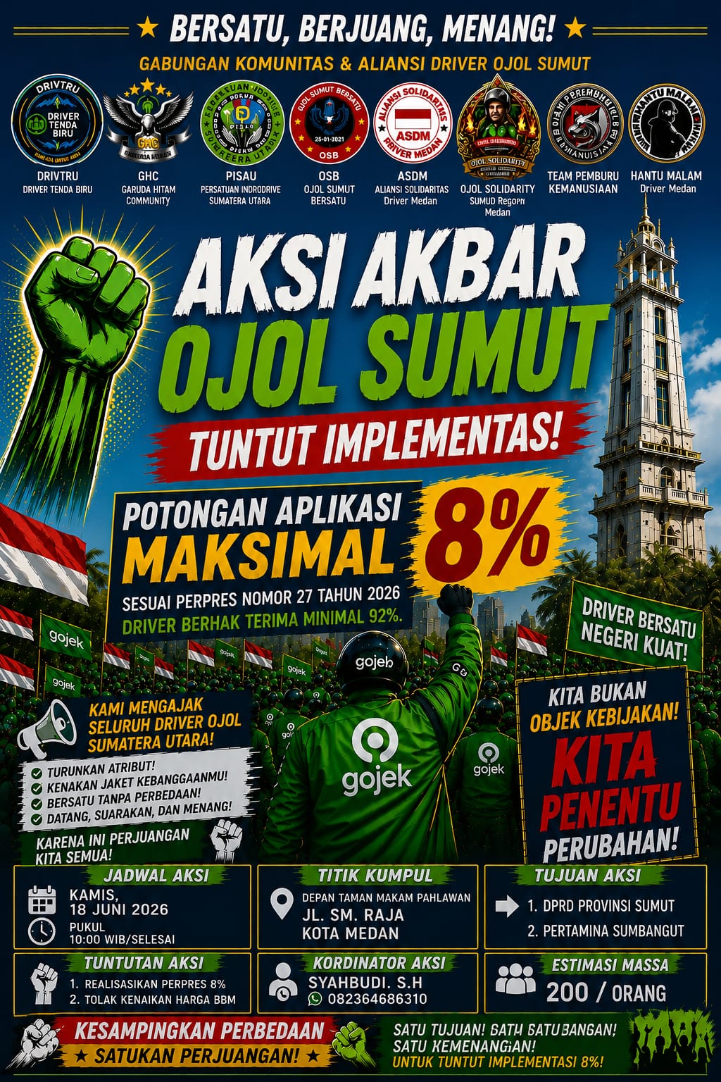 Ojol Sumut Gelar Aksi Akbar 18 Juni, Desak Kepastian Potongan Aplikasi 8 Persen dan Soroti Dampak BBM